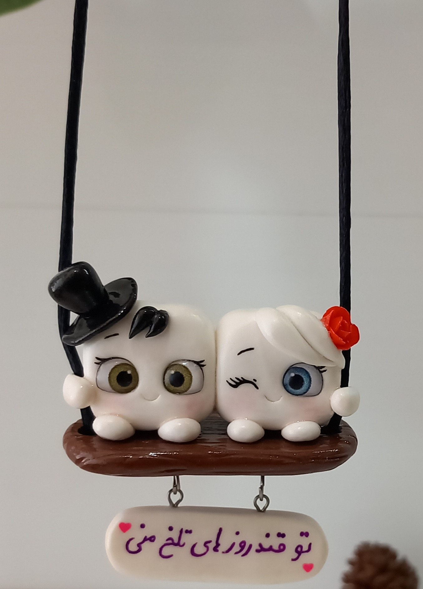آویز اینه ماشین طرح قند دختر پسر عاشقانه دست ساز با خمیر پلیمری